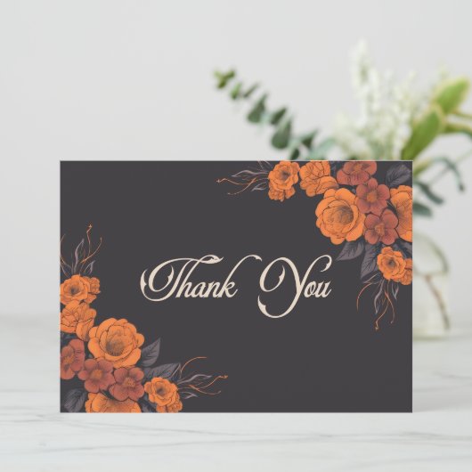 Oranje bloemen elegante traditionele bruiloft bedankkaart (Staand voorkant)