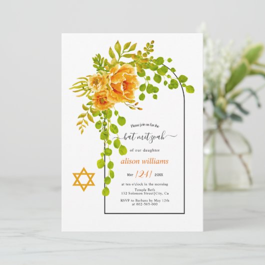 Oranje bloemen en bloemkool Bat Mitzvah Kaart (Staand voorkant)