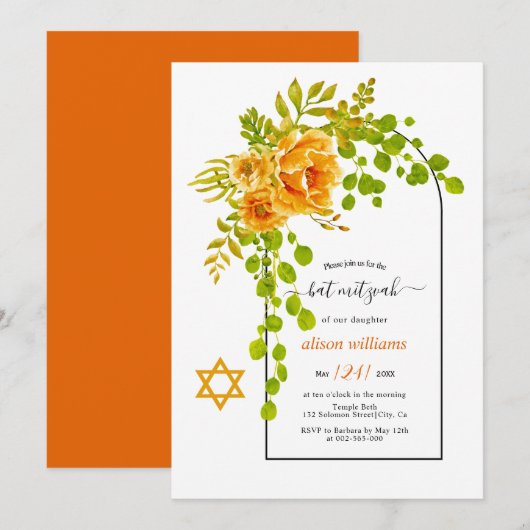 Oranje bloemen en bloemkool Bat Mitzvah Kaart (Voorkant / Achterkant)