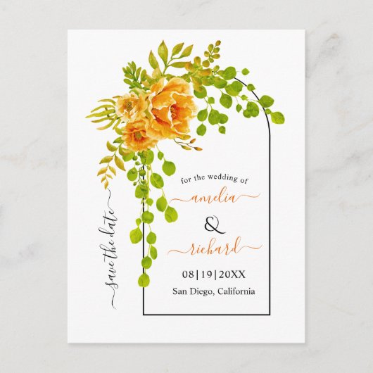 Oranje bloemen en boogvalbruiloft Sparen de Datum Briefkaart (Voorkant)