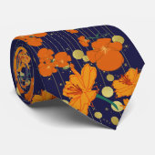 oranje bloemen en donkerblauw- en goudkleuren stropdas (Opgerold)