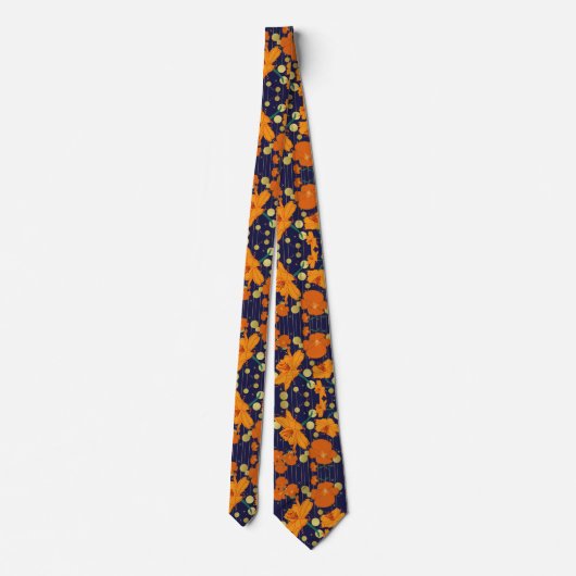 oranje bloemen en donkerblauw- en goudkleuren stropdas (Achterkant)