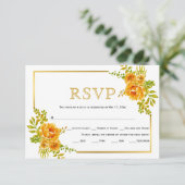 Oranje bloemen en gouden lijsten bruiloft RSVP kaartje (Staand voorkant)