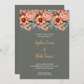 Oranje bloemen en groen huwelijk kaart (Voorkant / Achterkant)