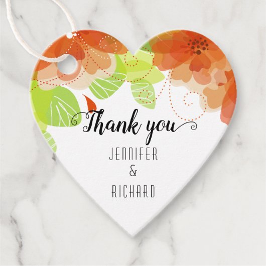 Oranje bloemen en kalligrafie bruiloft Hartelijk d Bedankjes Labels (Voorkant)