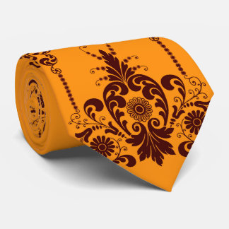 oranje bloemen en krullenprint stropdas