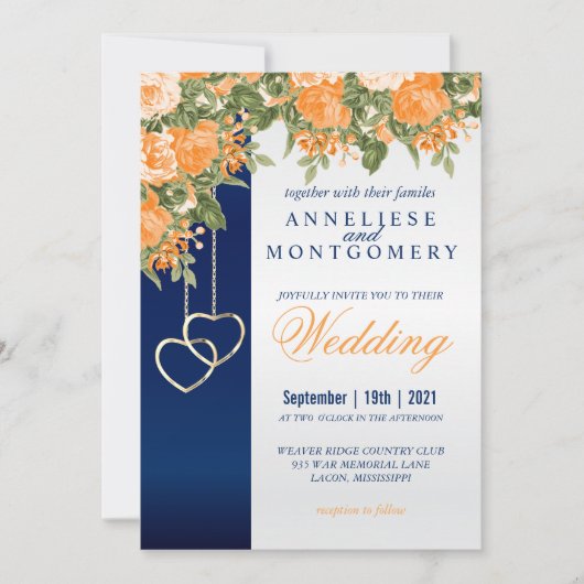 Oranje bloemen en marineblauw kaart (Voorkant)