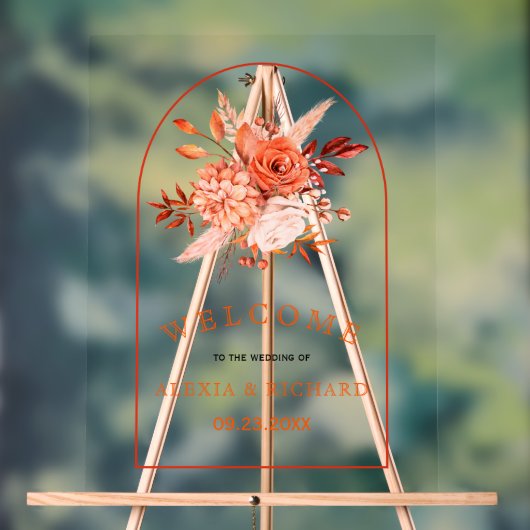 Oranje bloemen en sierbloemen, welkom bruiloft acryl bord (Neutraal)