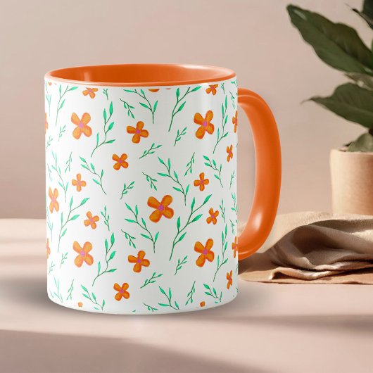 Oranje bloemen en Waterverf Twigs Pattern Mok