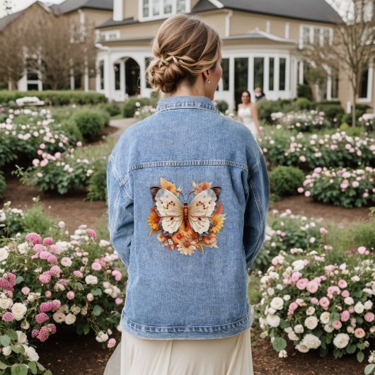 Oranje bloemen en witte vlinder denim jacket (Huwelijk Achterkant)