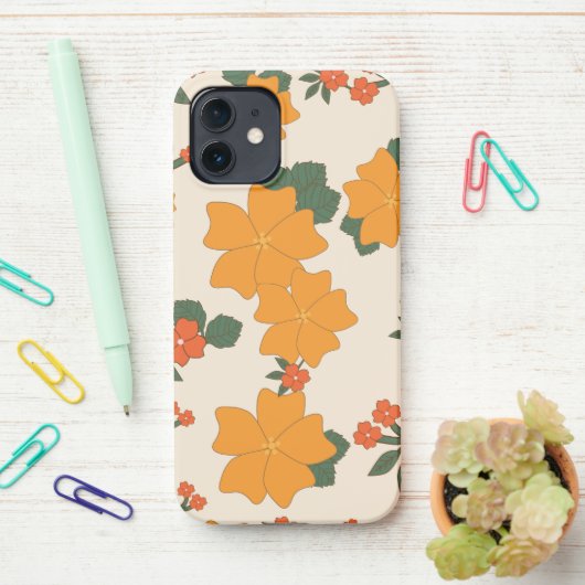 Oranje bloemen, flessenpatroon, patroon van bloeme iPhone hoesje (Op bureau)
