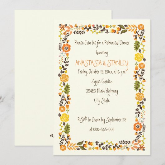 Oranje Bloemen Grens bruiloft repetitie diner Kaart (Voorkant / Achterkant)