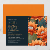 Oranje Bloemen Groene Cactus Navy 75ste Verjaardag Kaart (Voorkant / Achterkant)