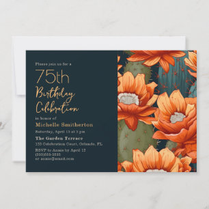 Oranje Bloemen Groene Cactus Navy 75ste Verjaardag Kaart