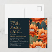 Oranje Bloemen Groene Cactus Navy 75ste Verjaardag Uitnodiging Briefkaart (Voorkant / Achterkant)