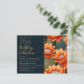 Oranje Bloemen Groene Cactus Navy 75ste Verjaardag Uitnodiging Briefkaart (Staand voorkant)