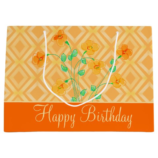 Oranje Bloemen Happy Birthday Groot Cadeauzakje (Voorkant)