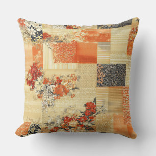 Oranje Bloemen Japans Kimono Patchwork Kussen