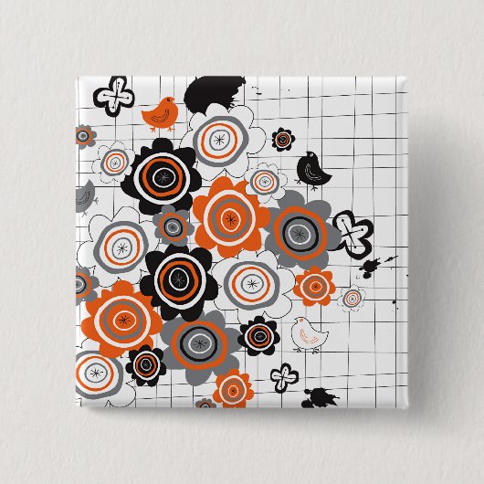 Oranje bloemen kippen Ink Blots Doodles Button (Voorkant)