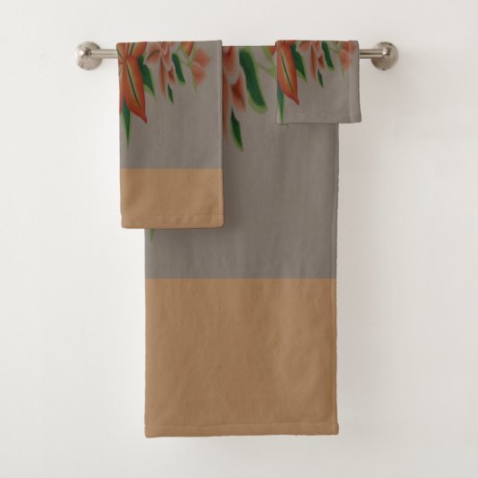 Oranje bloemen met grijs en zandbruin bad handdoek (Insitu)