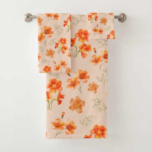 Oranje bloemen met groene bladeren bad handdoek (Insitu)