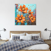 Oranje bloemen met verfdruipen canvas afdruk (Insitu (Slaapkamer))