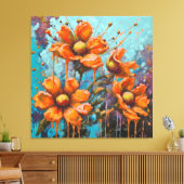 Oranje bloemen met verfdruipen canvas afdruk (Insitu (Woonkamer))