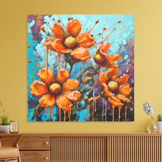 Oranje bloemen met verfdruipen canvas afdruk (Insitu (Woonkamer))