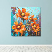 Oranje bloemen met verfdruipen canvas afdruk (Insitu (Houten vloer))
