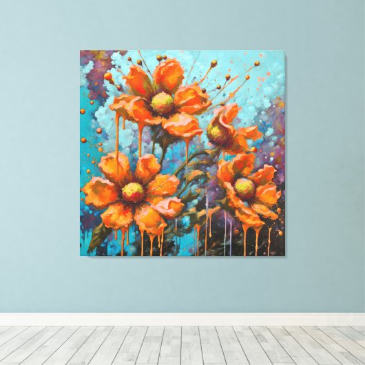 Oranje bloemen met verfdruipen canvas afdruk (Insitu (Houten vloer))