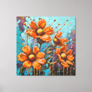 Oranje bloemen met verfdruipen canvas afdruk