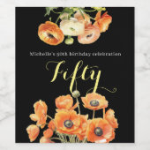 Oranje Bloemen Modern Zwart 50ste Verjaardagsfeest Wijn Etiket (Enkel label)