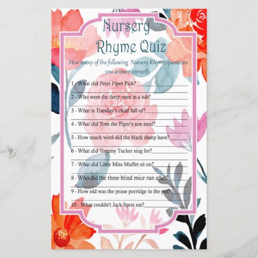 Oranje bloemen Nursery Rhyme Quiz baby shower game (Voorkant)