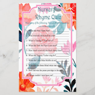 Oranje bloemen Nursery Rhyme Quiz baby shower game