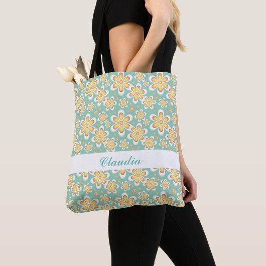 Oranje bloemen op groen tote bag (Dichtbij)