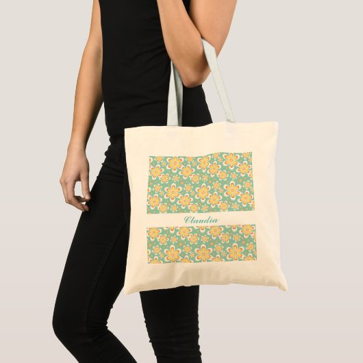 Oranje bloemen op groen tote bag (Voorkant (product))