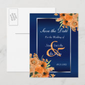  Oranje bloemen op marineblauw - Bewaar de datum Aankondigingskaart (Voorkant / Achterkant)
