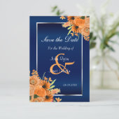  Oranje bloemen op marineblauw sparen de datum Save The Date (Staand voorkant)