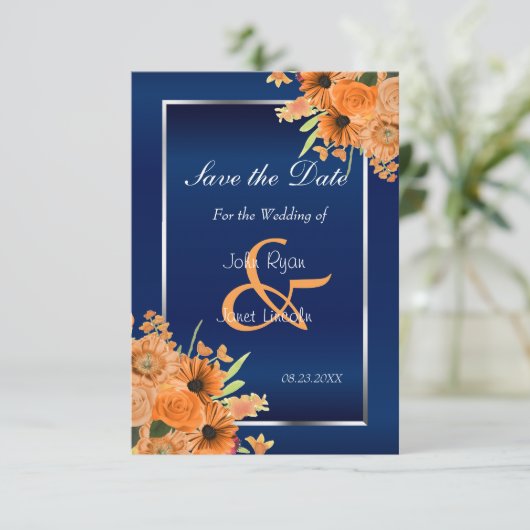  Oranje bloemen op marineblauw sparen de datum Save The Date (Staand voorkant)