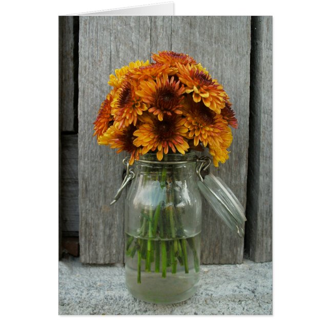 Oranje bloemen op Mason Jar & Barn Wood Card (Voorkant)