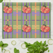 Oranje Bloemen op Moss Green Plaid Keuken Handdoek (Gevouwen)