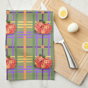Oranje Bloemen op Moss Green Plaid Keuken Handdoek