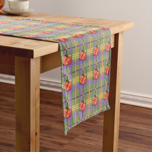 Oranje bloemen op Moss Green Plaid Table Runner Korte Tafelloper (Voorbeeld)