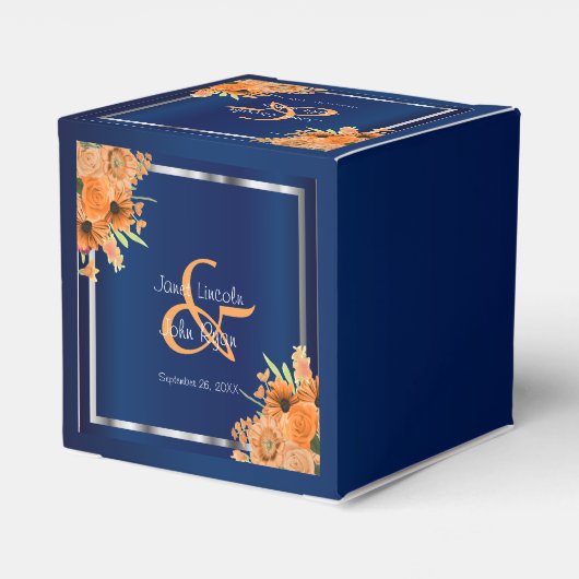 Oranje bloemen op Navy Blue Bedankdoosjes (Achterkant)