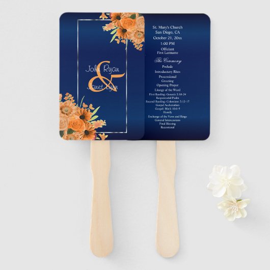  Oranje bloemen op Navy Blue Handwaaier (Voorkant en achterkant)