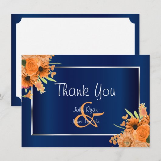  Oranje bloemen op Navy Blue - Hartelijk dank Bedankkaart (Voorkant / Achterkant)