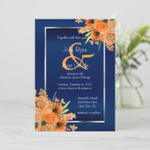  Oranje bloemen op Navy Blue Invitations Kaart (Staand voorkant)