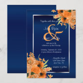  Oranje bloemen op Navy Blue Invitations Kaart (Voorkant / Achterkant)