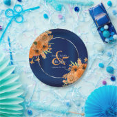 Oranje bloemen op Navy Blue Papieren Bordje (Feest)
