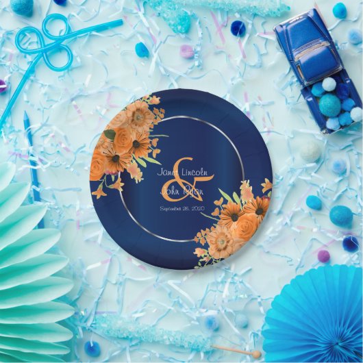  Oranje bloemen op Navy Blue Papieren Bordje (Feest)